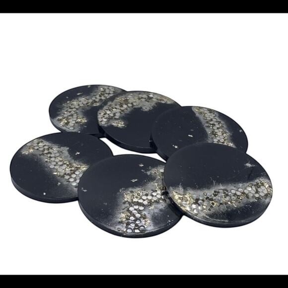 Handmade Black Resin Coasters with Silver Foil & Rhinestones | Set of 6 - Picture 1 of 8